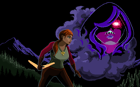 Aoife, boomerang in hand, in a dark valley as the hooded Omen rises over the mountains in a cloud of violet smoke.
